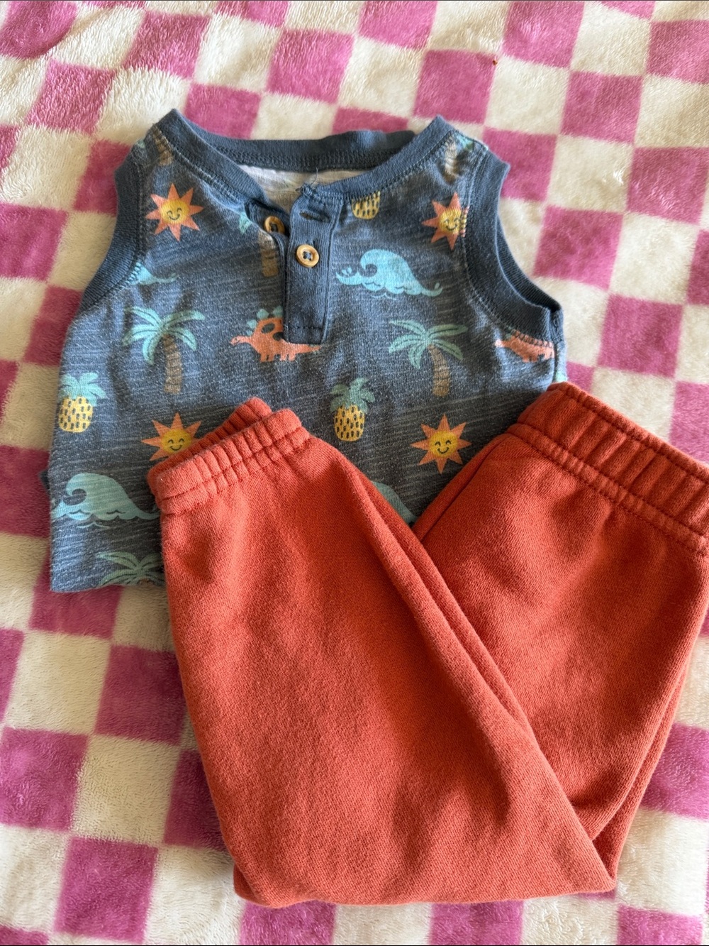 Baby Tropical Print Henley Tank Top & Rust Orange Pants Set